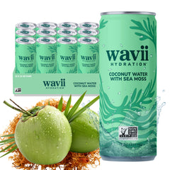 Wavii front can showing organic coconut water branding and clean design for easy recognition