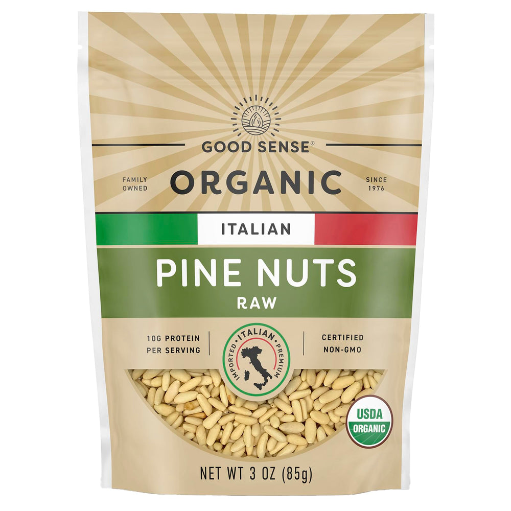 Waymouth Farms package front view highlighting organic Italian pine nuts and freshness