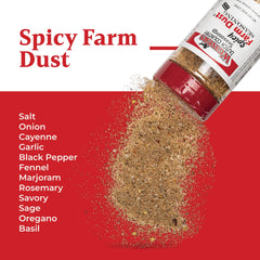 Weaver’s Spicy Farm Dust open jar close-up displaying granular texture and spice blend benefit