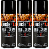 Weber Grill'N Spray front pack showing three 6 oz cans and label, quick prep benefit