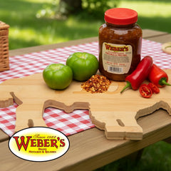 Weber's relish spooned on a burger adding sweet-spicy contrast and crunch