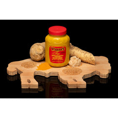 Weber's mustard spread on sandwich adding bold horseradish flavor