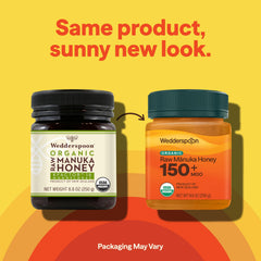 Wedderspoon label closeup highlighting organic and 150+ MGO details
