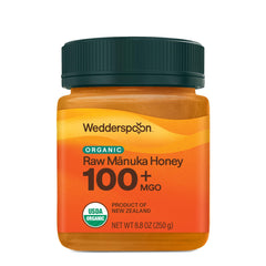 Wedderspoon jar front view showing organic Manuka honey for authentic flavor