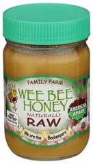 Wee Bee Honey front jar showing label and 1 lb size, highlights estate-grown origin