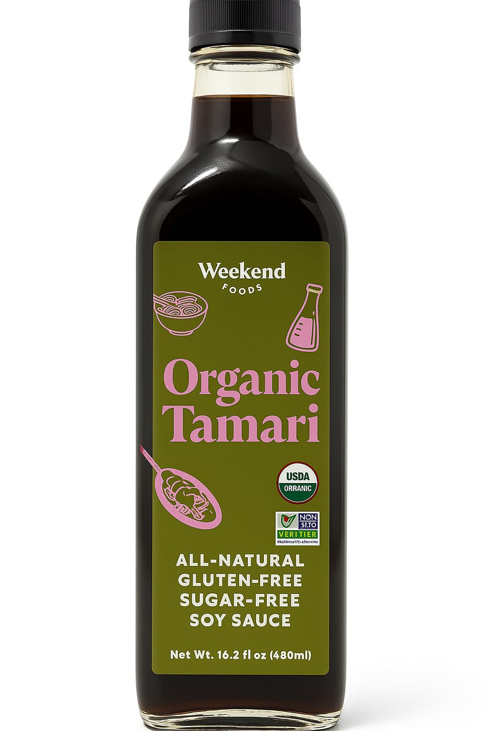 Weekend Foods tamari glass bottle front showing organic label and elegant packaging benefit: clear pantry display