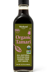 Weekend Foods tamari glass bottle front showing organic label and elegant packaging benefit: clear pantry display