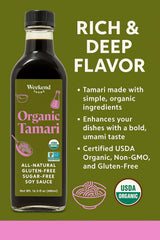 Weekend Foods tamari label close-up highlighting USDA Organic and ECOCERT badges benefit: trustable certifications
