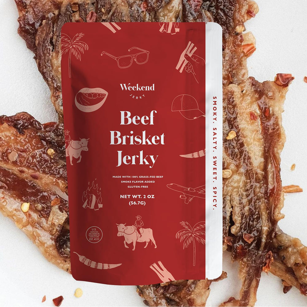 Weekend Jerky front packaging showing 2oz pouch and logo benefit portable snack