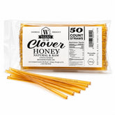 Weeks Honey Farm front packaging showing 50-count raw clover honey straws for convenience