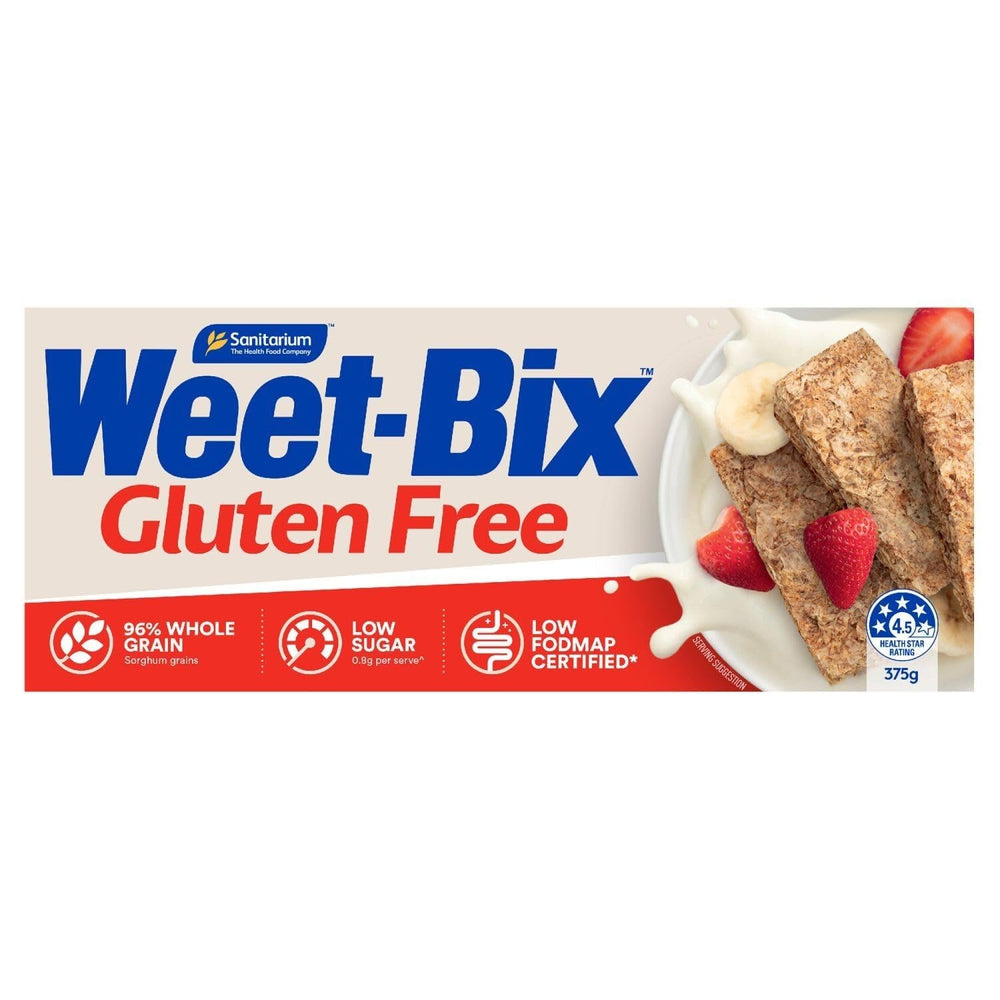 Weet-Bix package front view showing 375g gluten-free cereal and wholegrain benefit