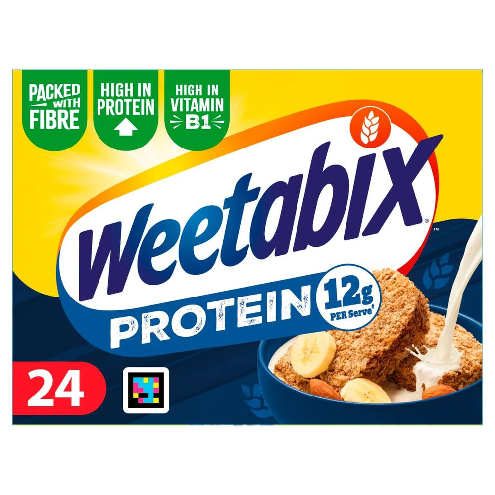 Weetabix front packaging showing protein boost and low sugar benefits