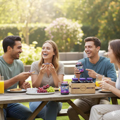 WeIch$ open jar showing smooth Concord grape jelly texture and rich color benefit