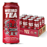 WEIRD front can view showing vibrant hibiscus branding and organic badge for trustworthy refreshment