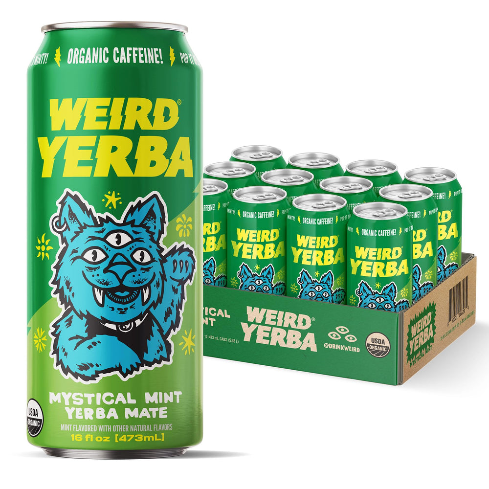 WEIRD can front packaging showing Mystical Mint for recognizable shelf visibility