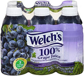 Welch's front packaging showing six 10 fl oz bottles and clear grape branding for convenience