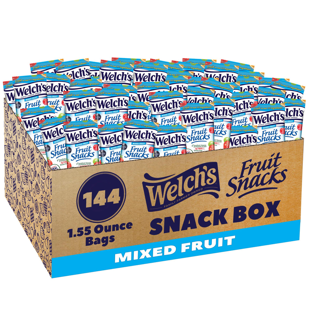 Welch's front packaging showing 144-count mixed fruit pack and clear branding benefits convenience