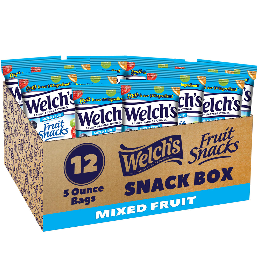Welch's front packaging showing mixed fruit bags and clear branding benefits portioning