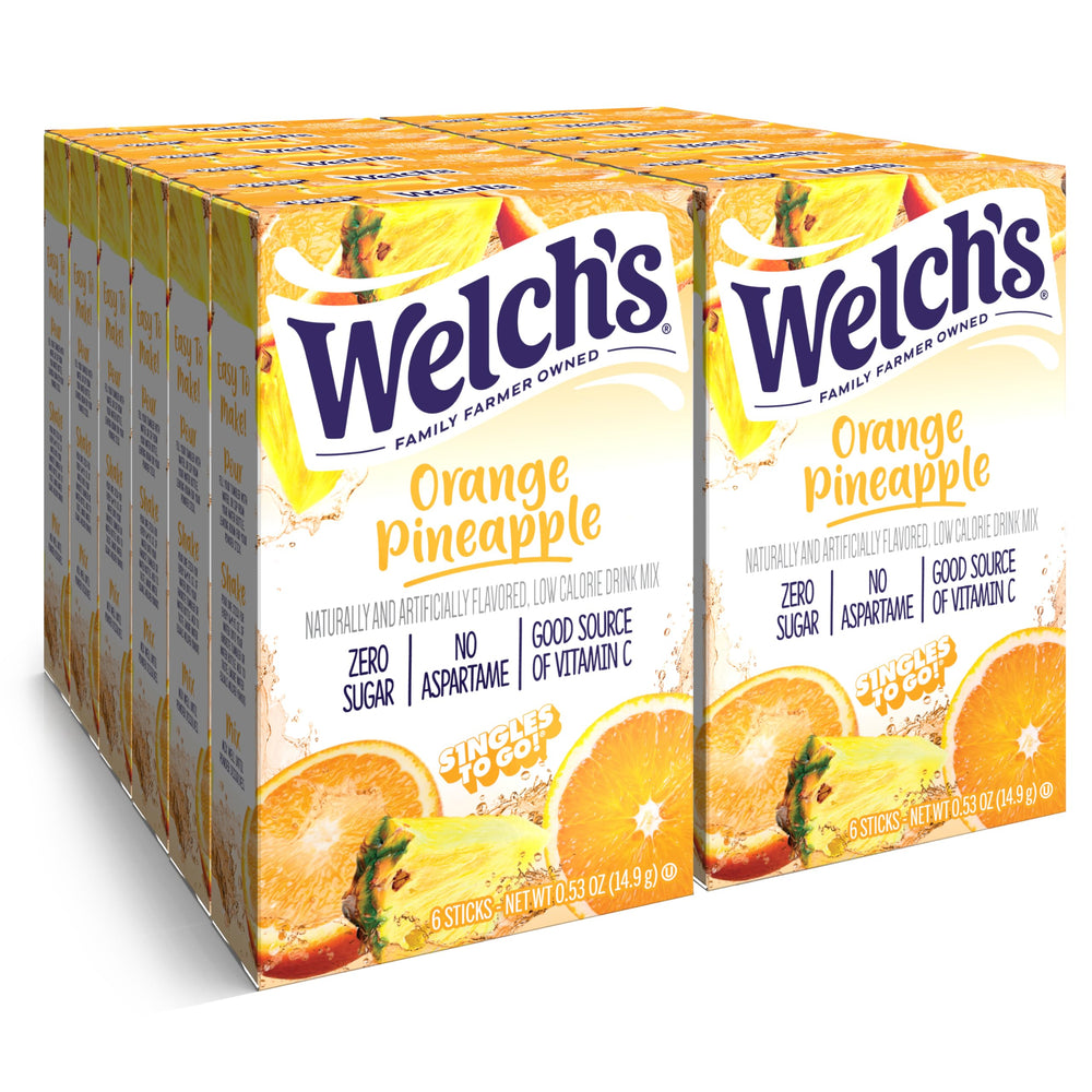 SINGLES TO GO! front packaging showing orange pineapple flavor and 72 packets, helpful for storage