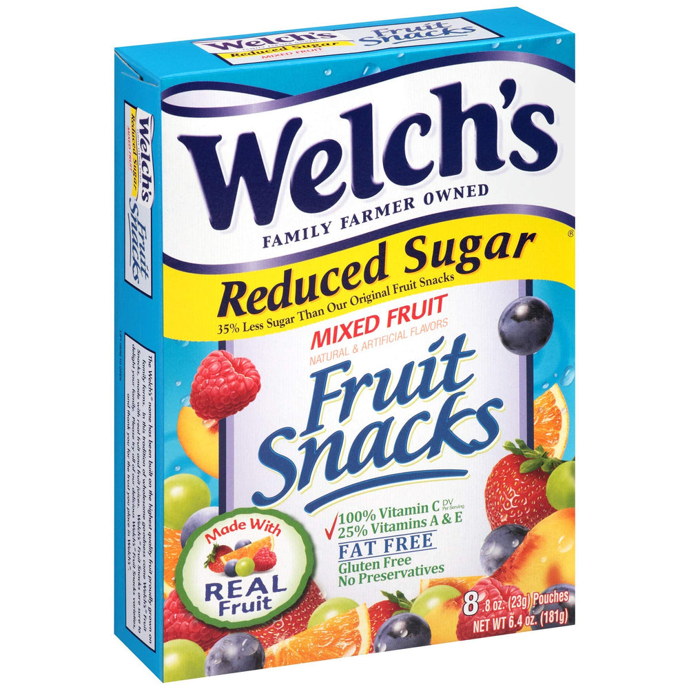 Welch's front packaging showing reduced sugar mixed fruit snacks and portion pouches