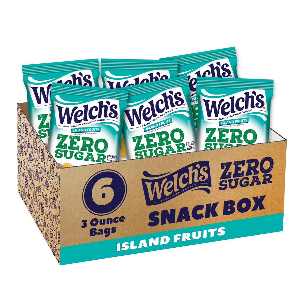 Welch's front packaging showing Island Fruits flavor and zero sugar benefit