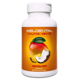 WELdental tin front view showing tropical fruit label and convenient resealable container