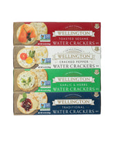 Wellington front packaging showing four-flavor cracker variety and serving suggestion