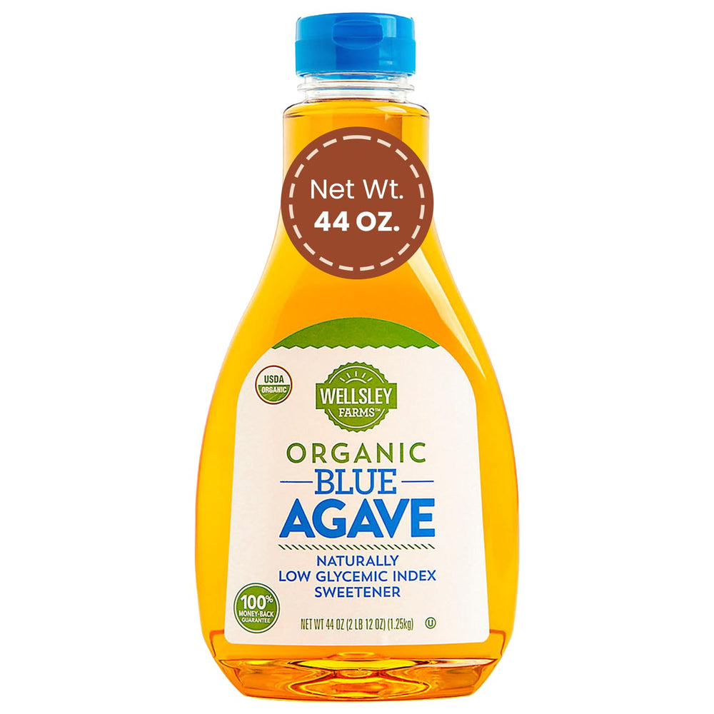 Wellsley Farms front label showing organic blue agave and certifications for quality