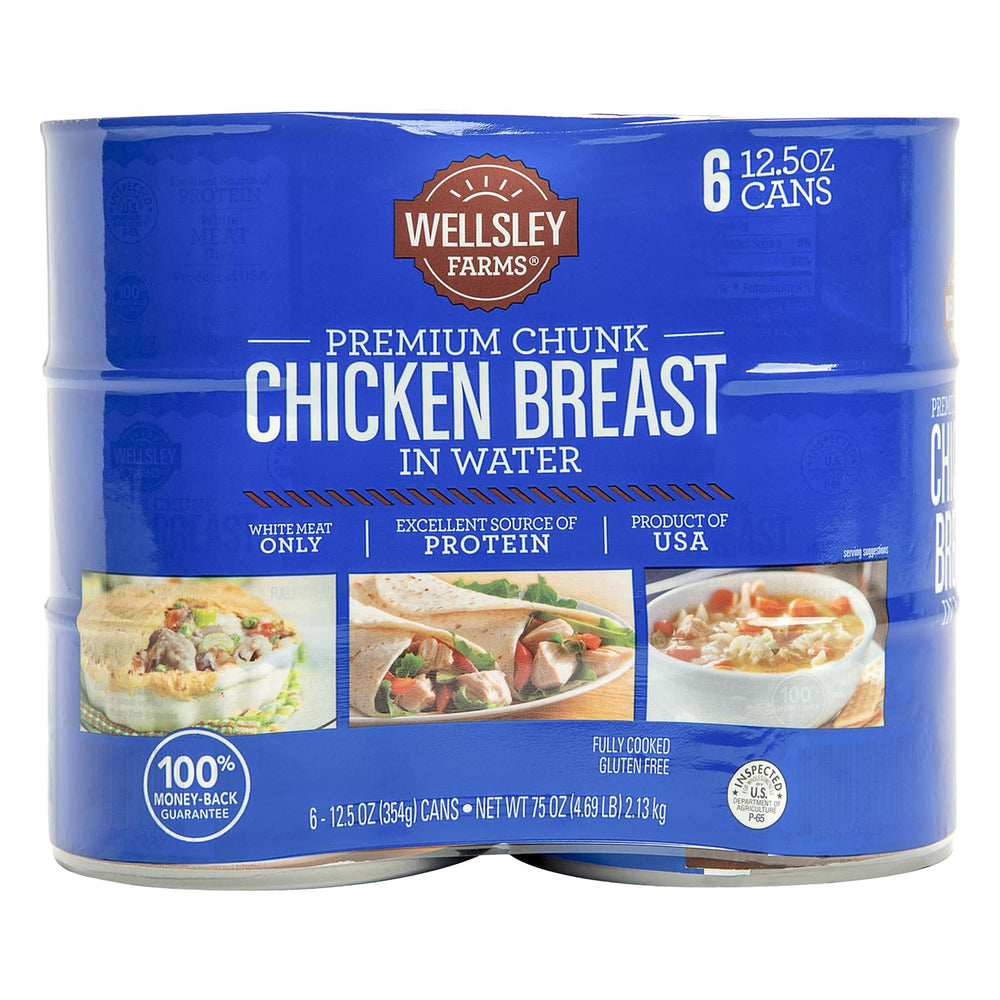 Wellsley Farms front packaging showing six 12.5 oz cans and label benefit