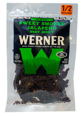 Werner front packaging 8oz showing resealable bag and sweet smoked jalapeno benefit
