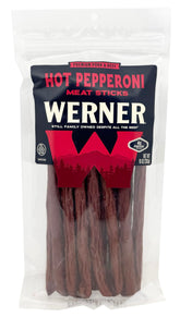 Werner front packaging showing resealable bag and spicy pepperoni sticks for convenient snacking