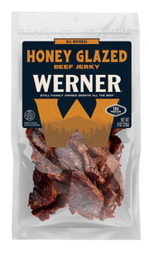 Werner front packaging 8 oz honey glazed jerky highlighting family-owned quality