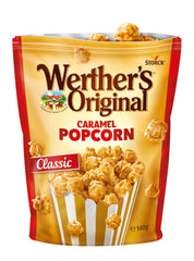Close-up of caramel-coated popcorn pieces highlighting Werther's Original smooth coating and crisp texture