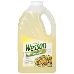 Wesson canola oil front packaging showing 64 oz bottle and brand for reliable cooking