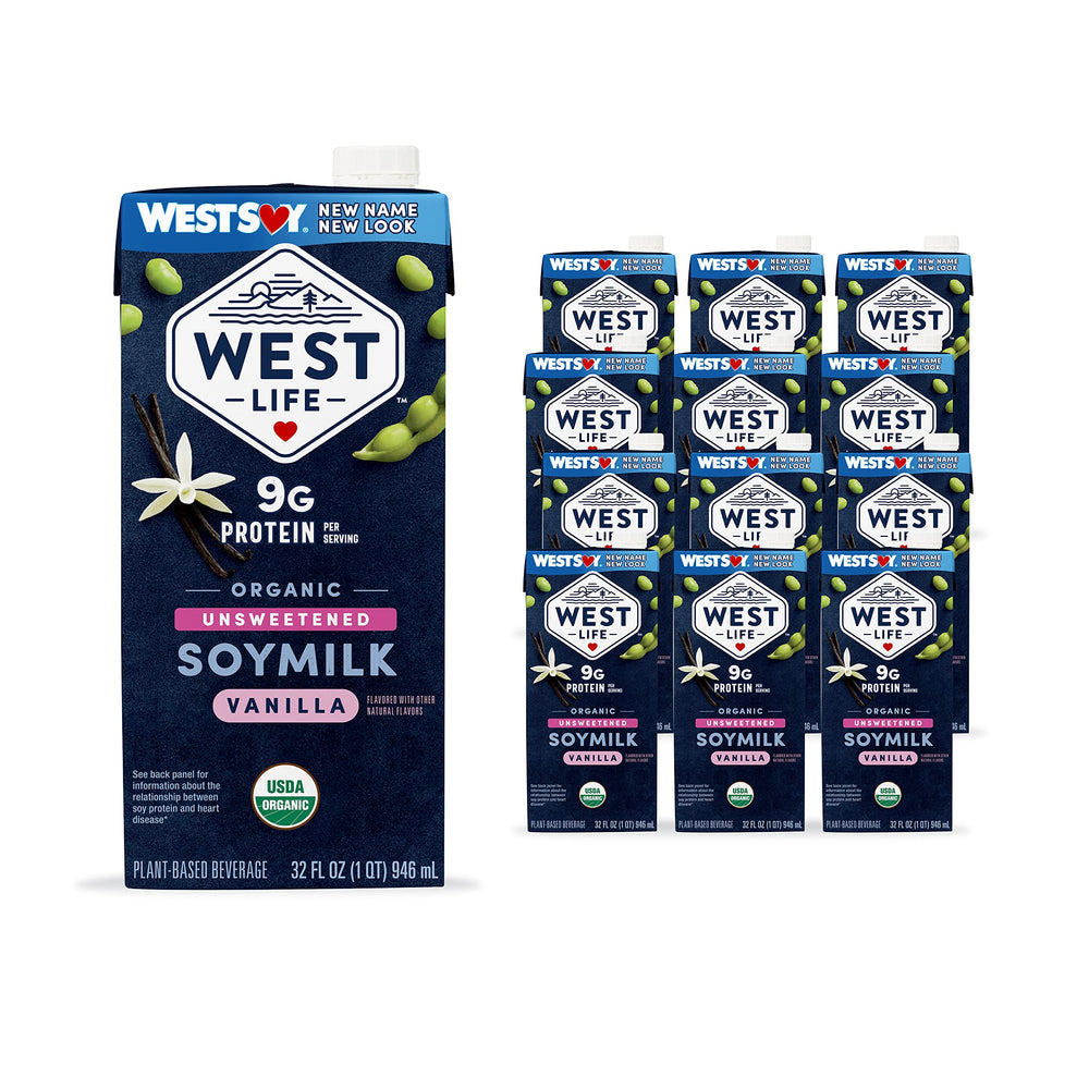 Westsoy West Life front carton view showing organic unsweetened vanilla benefit convenience