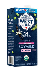 Pouring Westsoy West Life soymilk into a glass illustrating creamy texture and protein boost