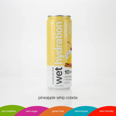 WET HYDRATION close-up of the can label highlighting ingredients list, protein and zero-calorie claims for ingredient clarity