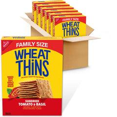Wheat Thins front box showing sundried tomato and basil flavor, convenient family size