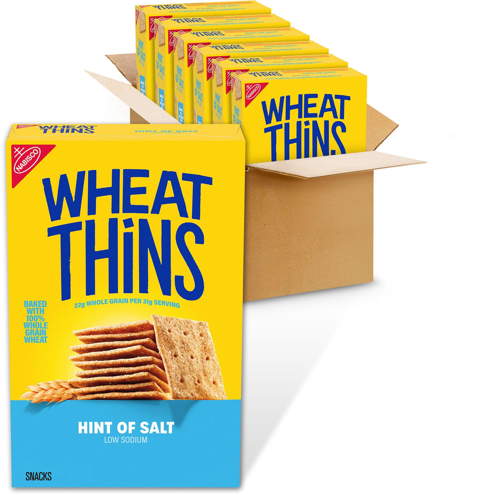 WHEAT THINS front packaging showing six-box value pack and crisp appearance