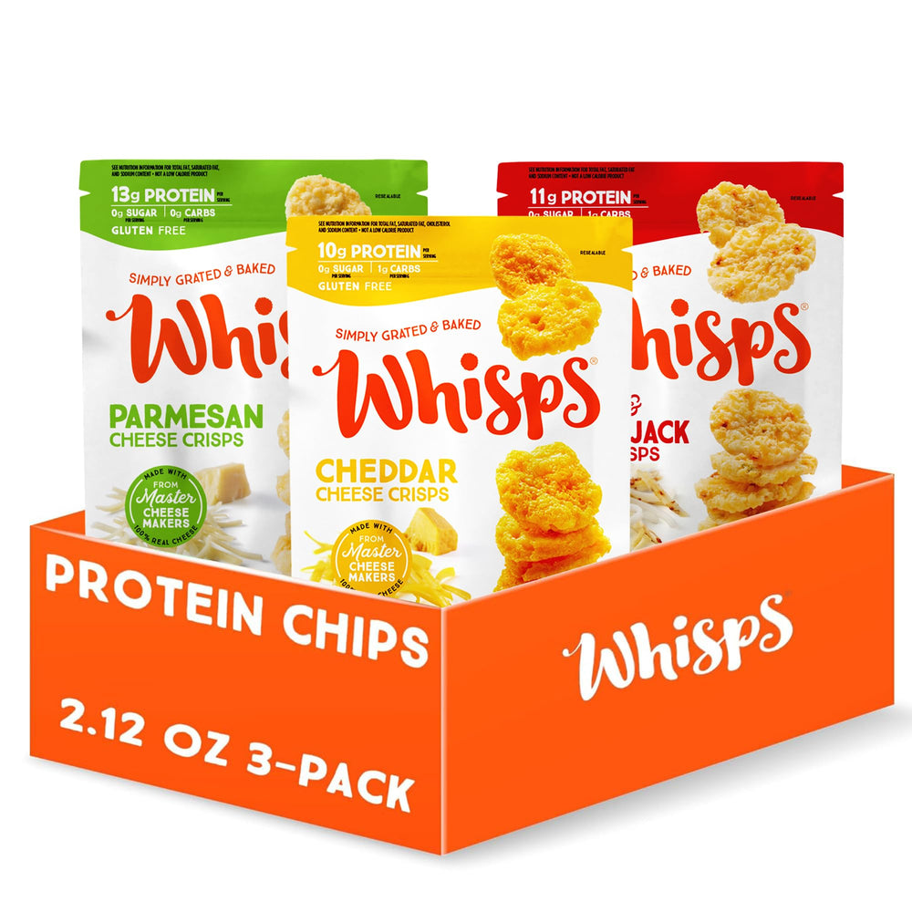 Whisps front packaging showing variety pack and convenient single-serve bags