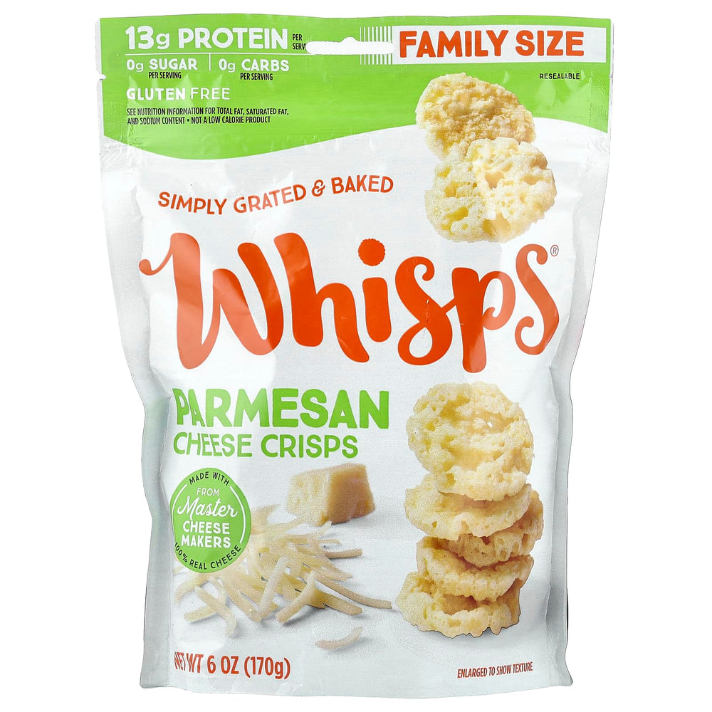 Whisps Parmesan front packaging showing product and brand, highlights convenient snack