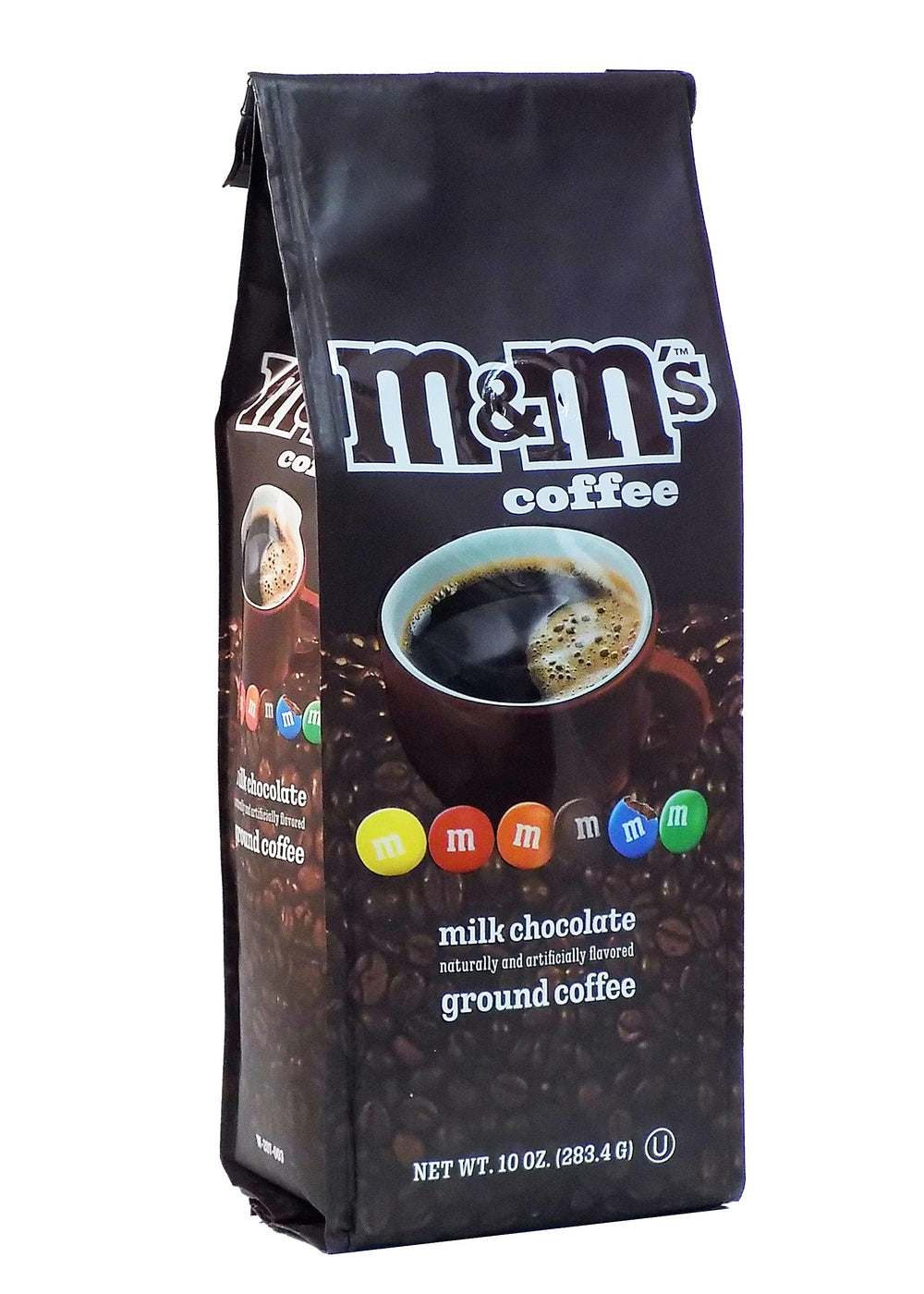 White Coffee M&M's front packaging showing bag and chocolate-flavored appeal