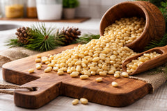 White Mountain Harvest pine nuts in a wooden bowl ready to use, enhancing recipes