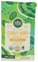 Whole Foods Market Early Bird Blend front packaging showing label and roast details, supports easy identification