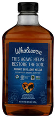 Wholesome blue agave front bottle showing label and recyclable packaging benefit