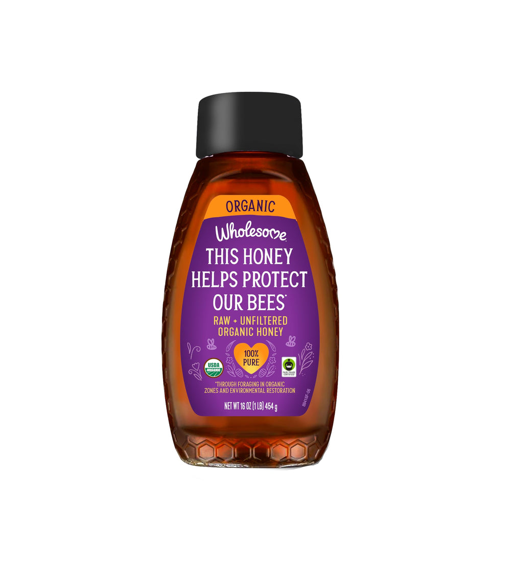 Wholesome front label 16 oz bottle showing certifications and pure honey benefit