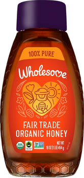 Wholesome front packaging 16oz honey showing bottle and pure ingredient benefits