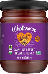 Wholesome honey front packaging showing label and certifications for trust