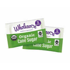 Wholesome organic cane sugar pack front view showing branding and neat packet stack, convenience