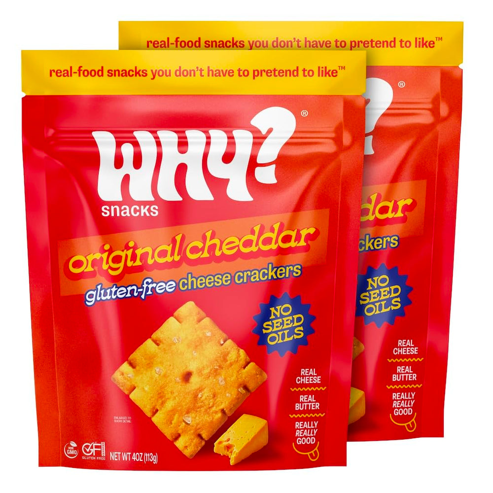 WHY? SNACKS front packaging showing two 4 oz bags and product name, highlights clean-label benefit